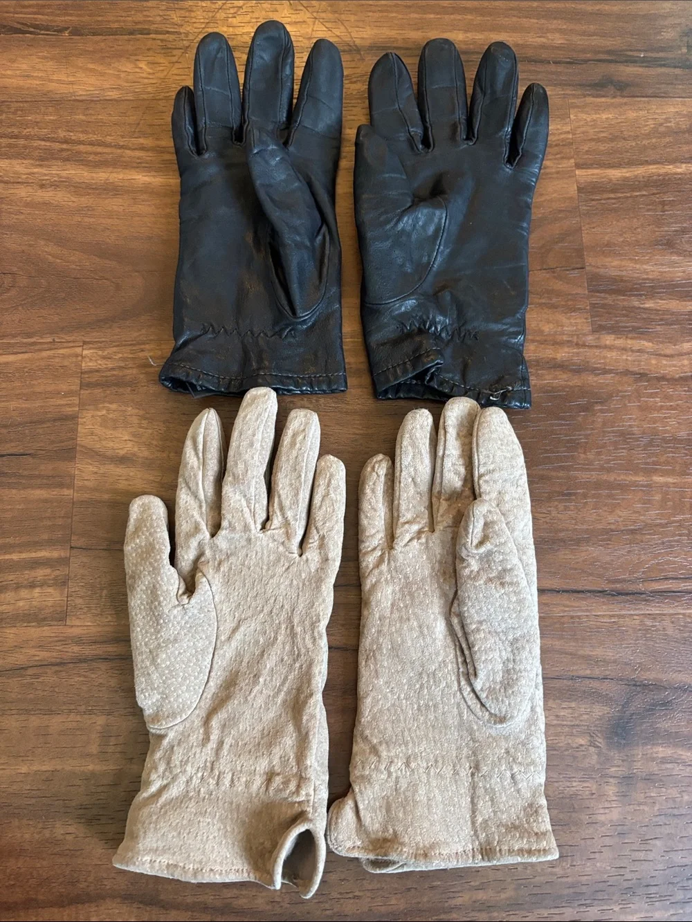 Vintage Black Leather Gloves & Tan Fabric Gloves - Two Pair